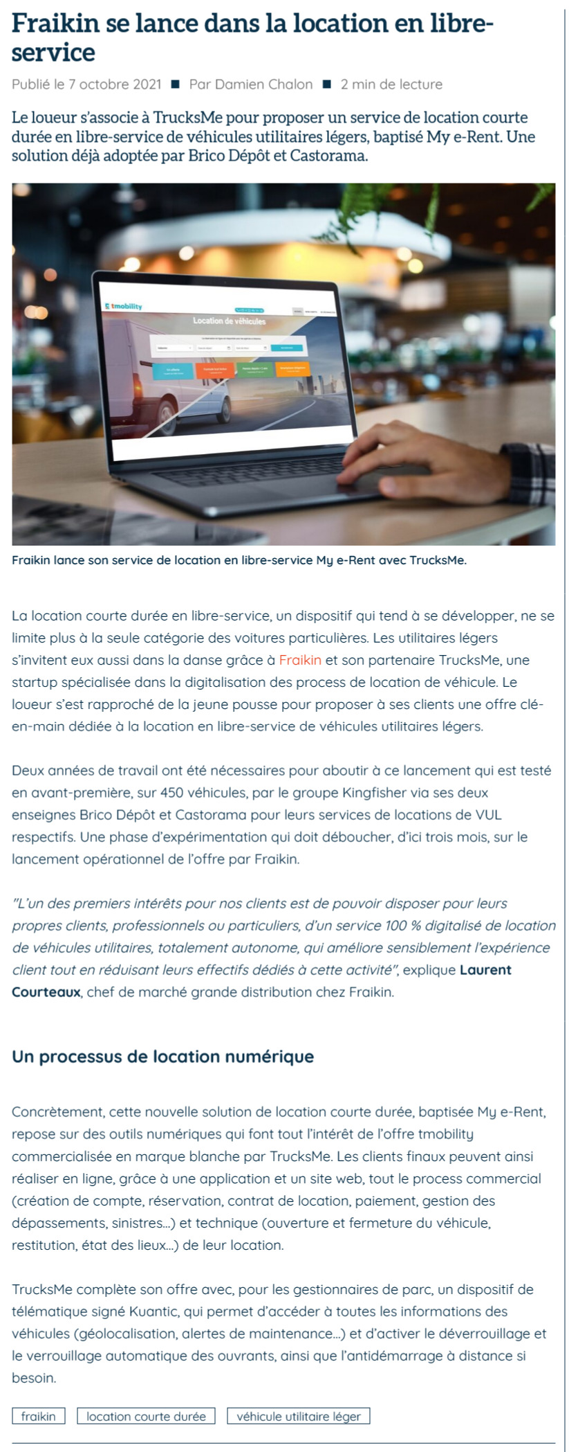 Fraikin et TrucksMe se lancent dans la location en libre-service