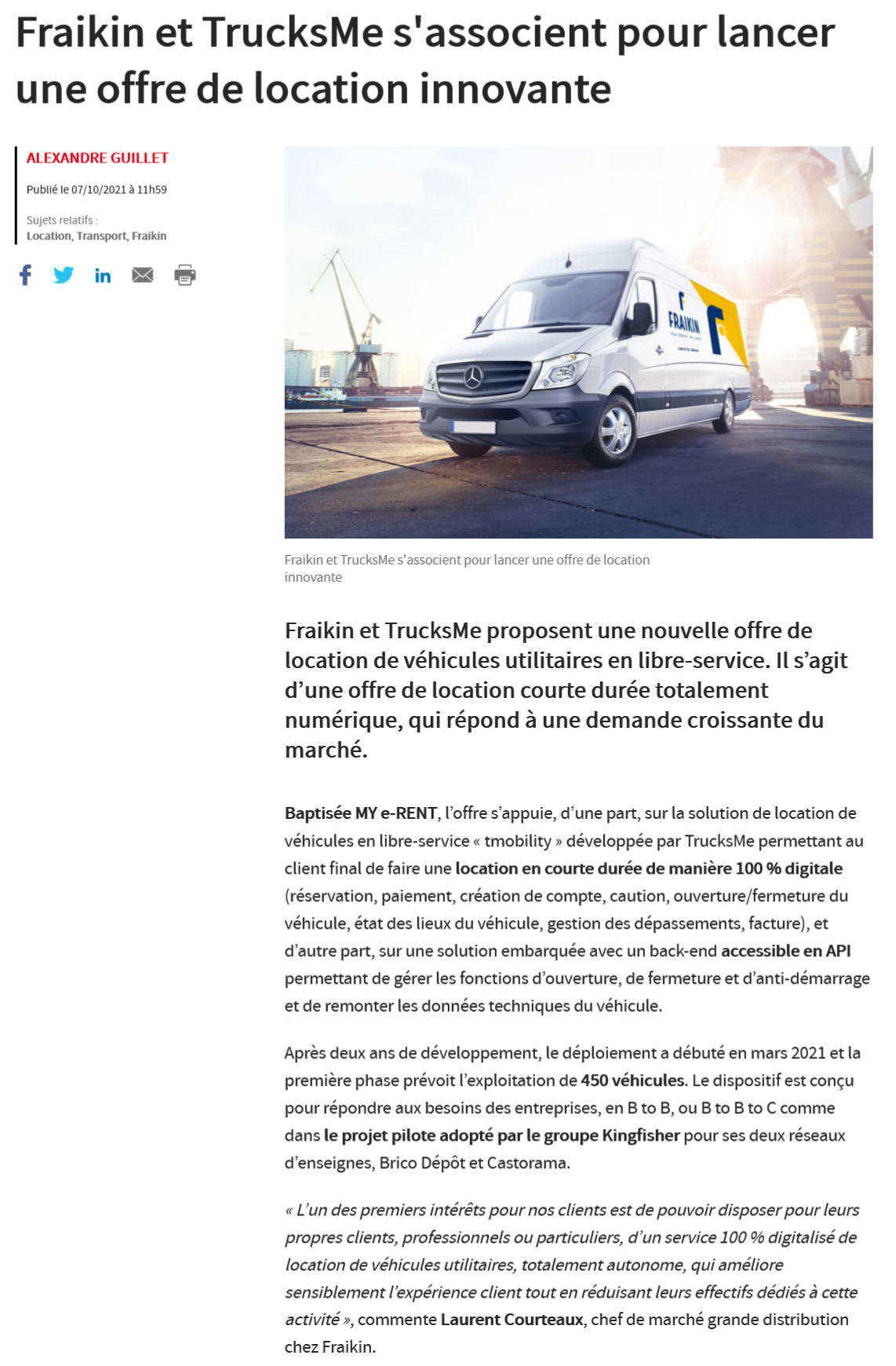 Fraikin et TrucksMe s'associent pour une offre de location